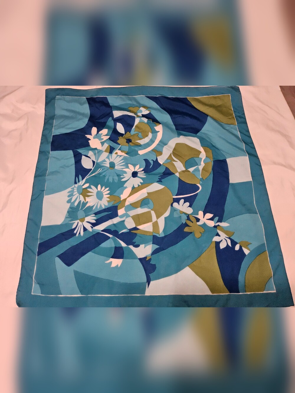 Vintage Style Blue & Green Floral Geometric Square Scarf